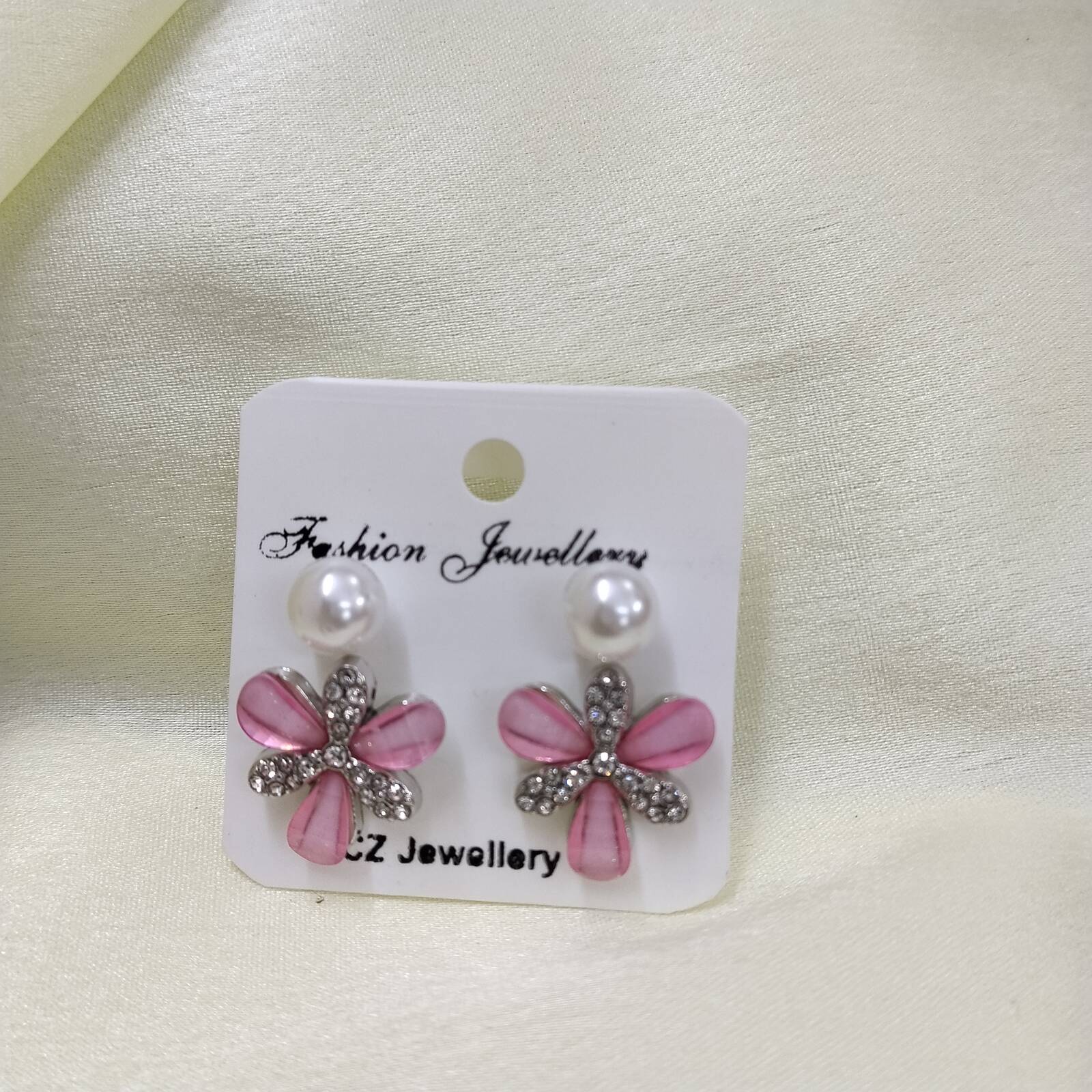 2 Set Of Earrings White Pearl & Pink Stone
