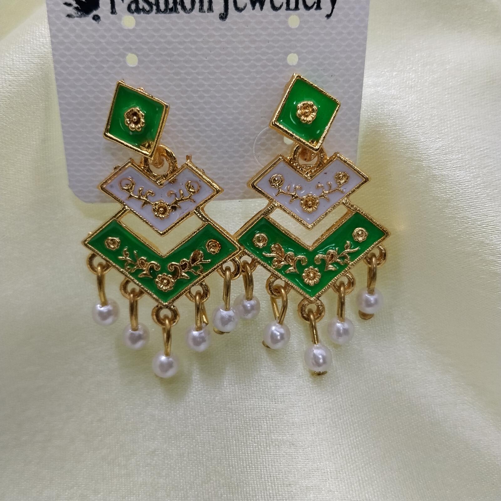 Designer Pearl Hand Painted Earrings Green