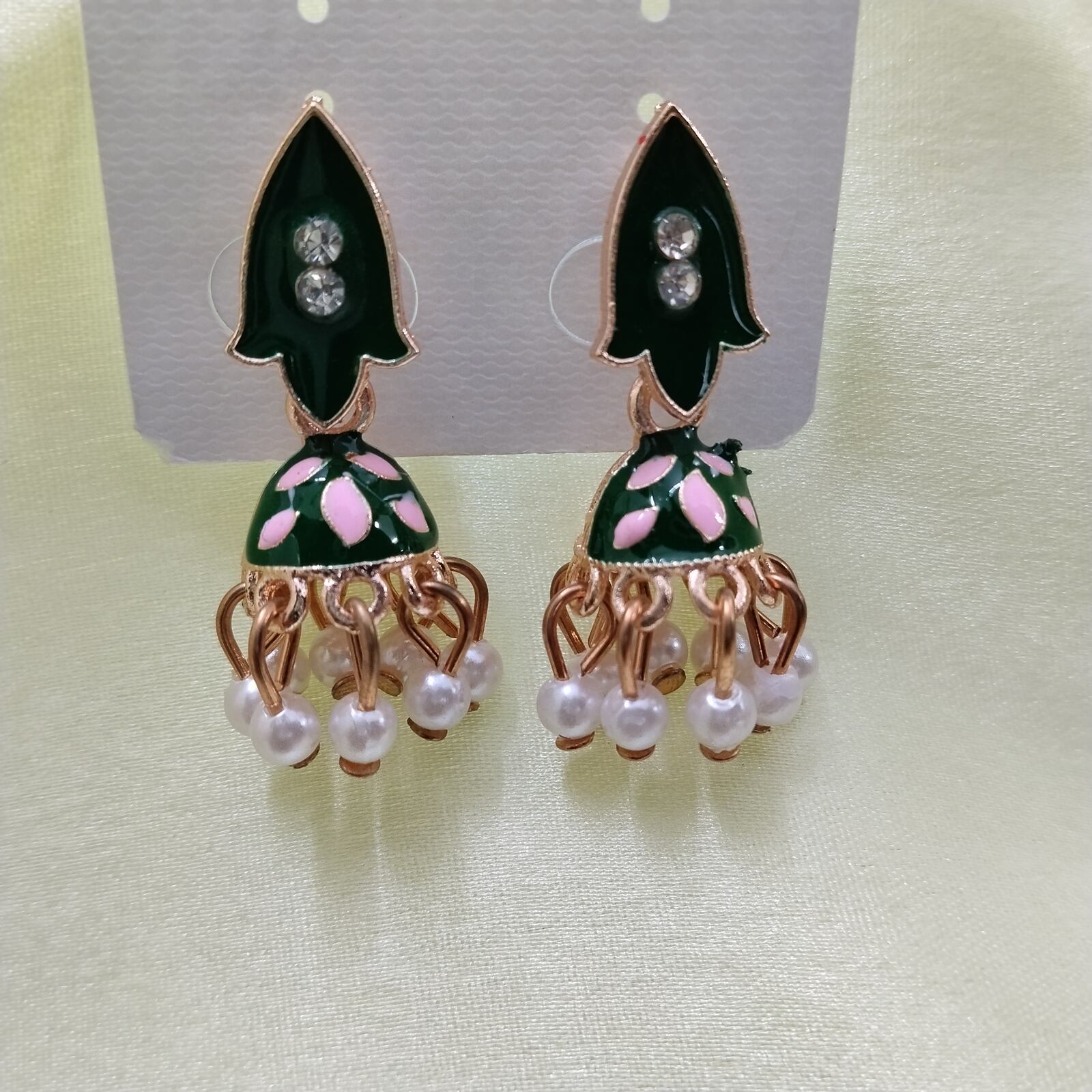 Hand Painted Jhumki Green & Pink