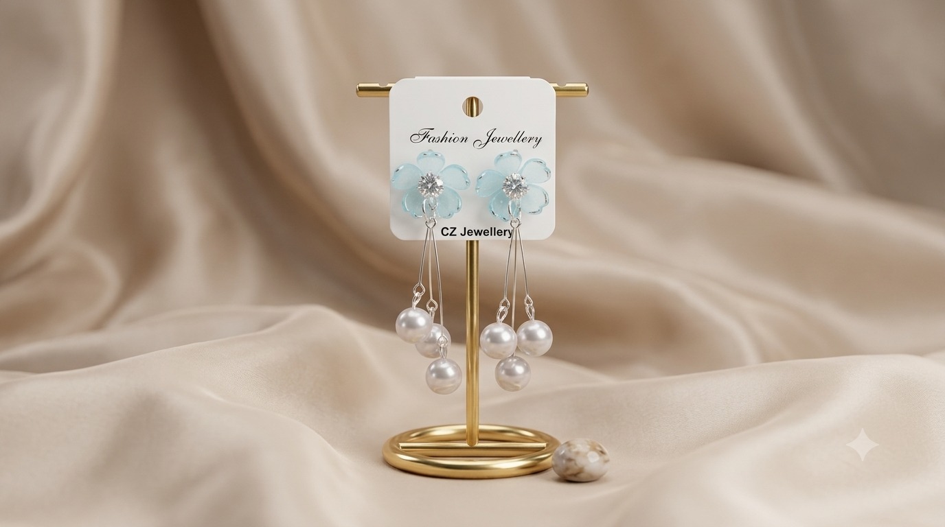 Light Blue Flora & Pearl Earrings