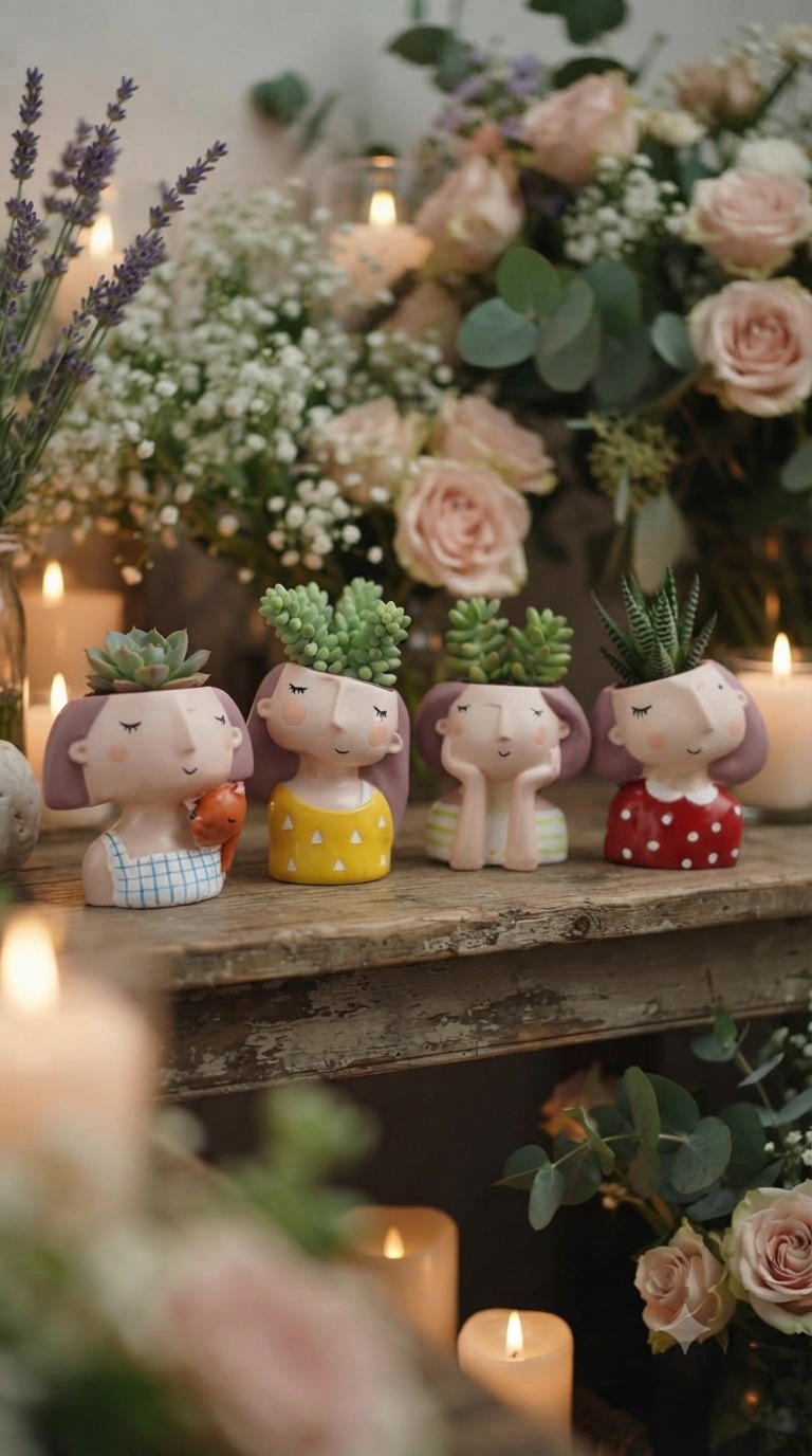 Handcrafted Artisanal Girl Figurine Tabletop Planters (Set Of 4)